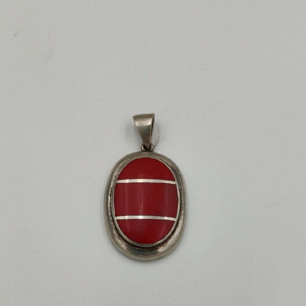 925 Sterling Silver Vintage Real Red Jasper Modernist Oval Pendant
